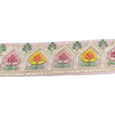9 Yards Rose Taupe Soft Net Lace Trim Floral Embroidery and Gold Sequins, Floral Sari Border, Decorative Trim